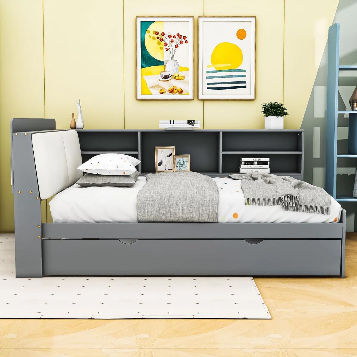 Full Size Bed with Storage Headboard, Full Daybed with Trundle and L-Shaped Shelves, Solid Wood Corner Platform Bed Frame with Storage for Apartment Bedroom, Grey