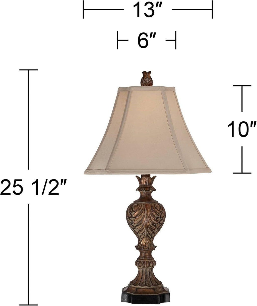 Regency Hill Regio Traditional Rustic Table Lamps 25.5' High Set of 2 Deep Espresso Aged Brown Leaf Tan Fabric Square Bell Shade for Cottage Core Living Room Bedroom House Bedside Nightstand Home
