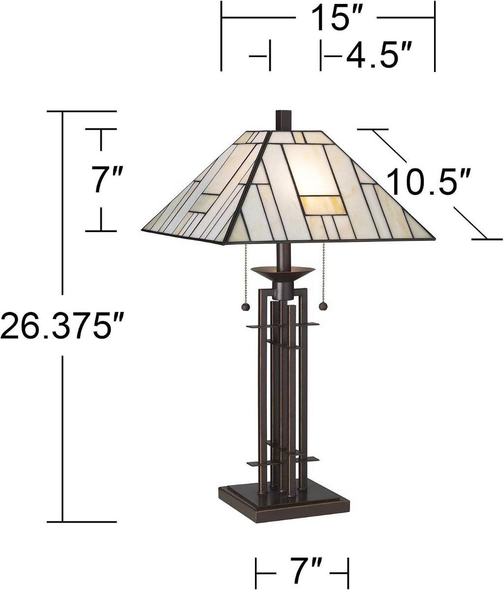 Franklin Iron Works Mission Tiffany Style Table Lamp Art Deco 26.25' High Wrought Iron Dark Bronze Brown Gold White Stained Glass Shade for Living Room Bedroom House Bedside Nightstand Home Office