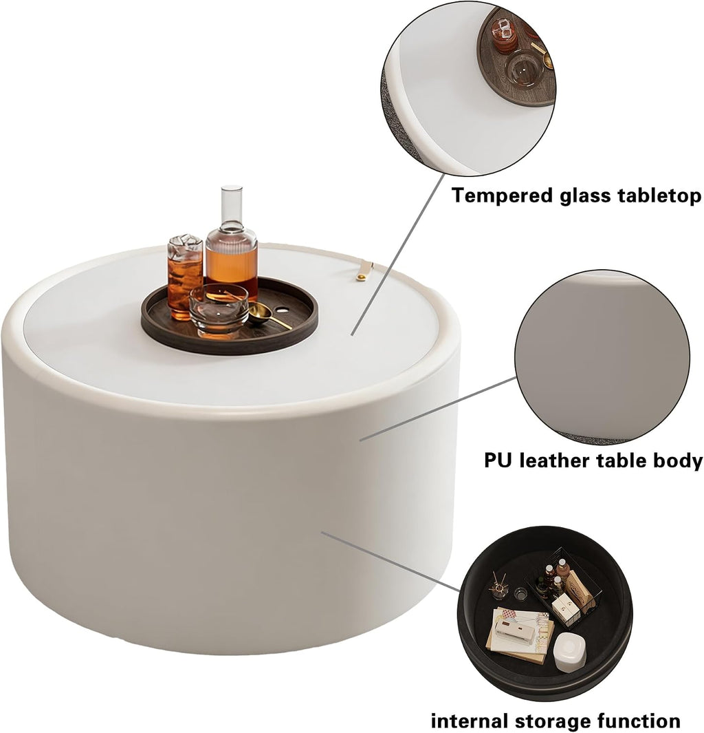 Round Coffee Table Set with Hidden Storage, 27.56' White Drum Center Table and 19.69' White Coffee Table Set, 2 Pieces Living Room Table Set with Tempered Glass Top and PU Leather Body
