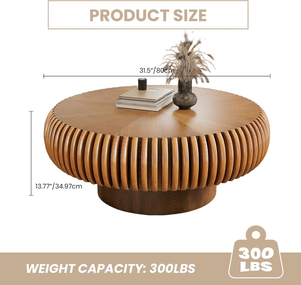 Fluted Drum Coffee Table Round Coffee Table for Living Room Mid Century Modern Coffee Tables with Sturdy Pedestal Circle Center Tea Table Accent Tea Table for Small Space Apartment (31.5' Brown)