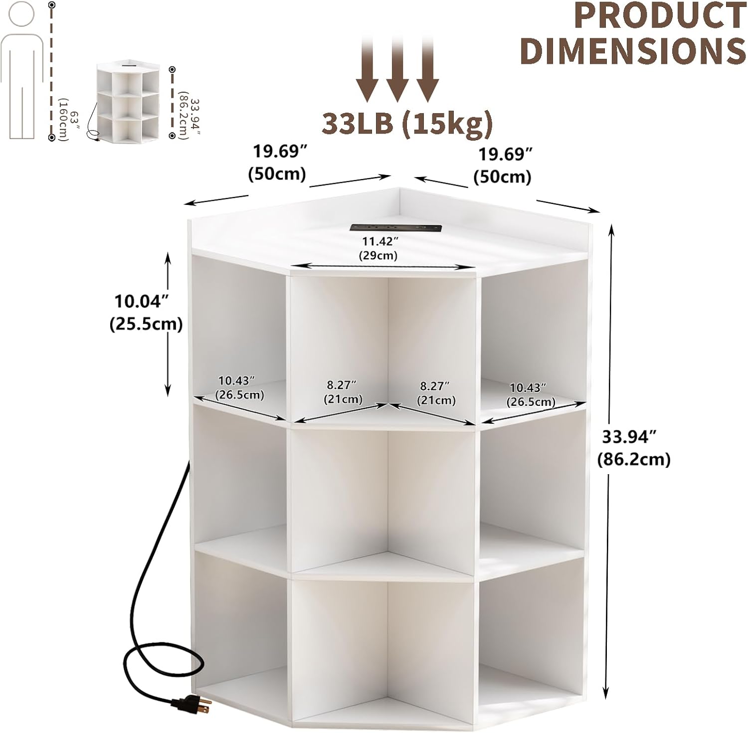 ALISENED 9 Cubes White Corner Cabinet, Corners Cube Shelf with USB Ports and Outlets, Toy Corners Storage for Small Space, Wooden Cubby Corner Bookshelf for Living Room, Bedroom, Dining Room, Kitchen