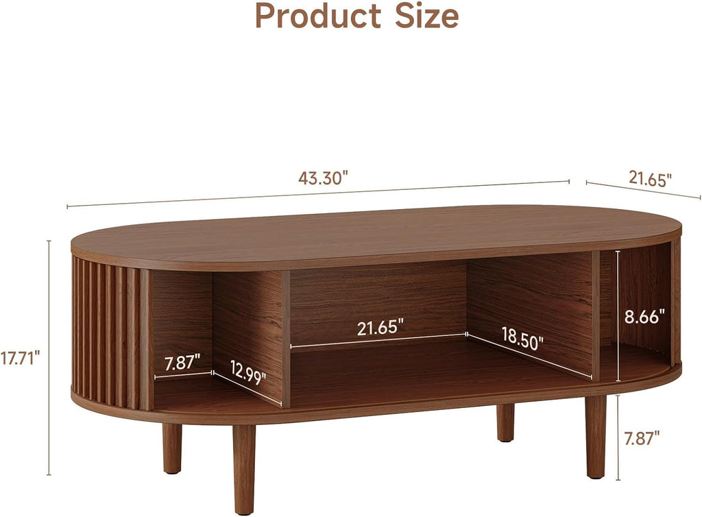 ONBRILL Fluted Oval Coffee Table, 43' Mid Century Modern Coffee Table with Storage, Wood Living Room Tables with Sliding Door, Center Tables for Living Room Apartment Small Space Walnut