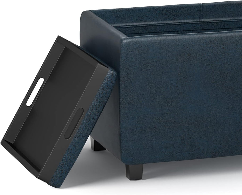 SIMPLIHOME Avalon Storage Ottoman - 42 inch Wide Upholstered Vegan Leather Rectangular Flip-Top Ottoman in Distressed Dark Blue, Contemporary Coffee Table Ottoman for Living Room with Hidden Storage
