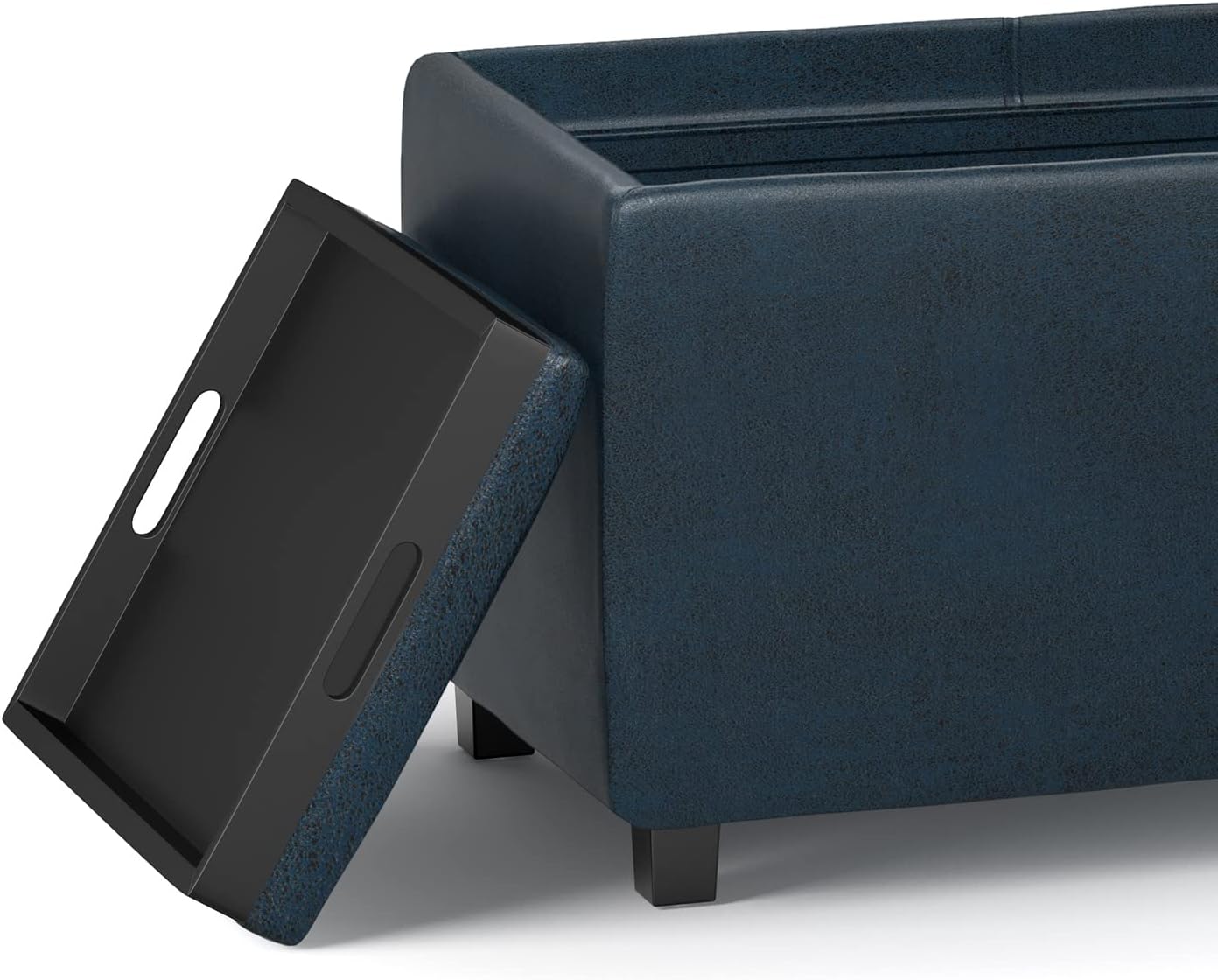 SIMPLIHOME Avalon Storage Ottoman - 42 inch Wide Upholstered Vegan Leather Rectangular Flip-Top Ottoman in Distressed Dark Blue, Contemporary Coffee Table Ottoman for Living Room with Hidden Storage