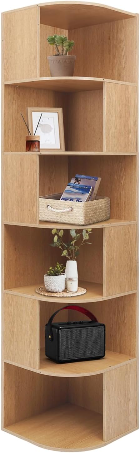 6 Tier Bookshelf Tower, 69.29'' Tall Floor-Standing Bookcase Display Cabinet, Wood Corner Book Shelf Organizer, Standing Bookshelf for Bedroom, Living Room, Study Room (Log Color)