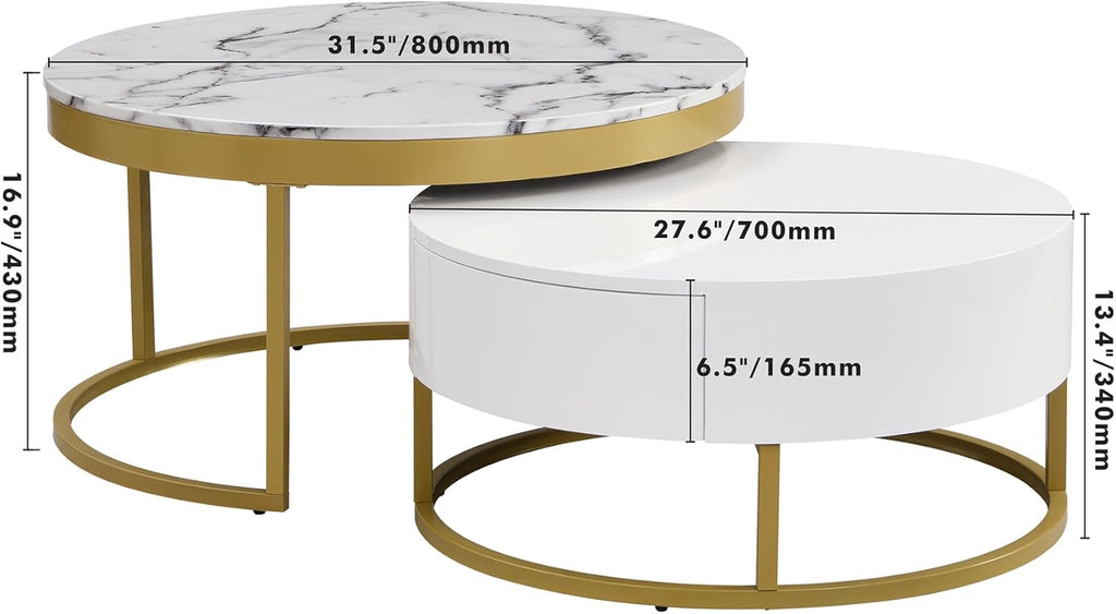 Modern Round Nesting Coffee Table with Drawers for Living Room for Living Room in White