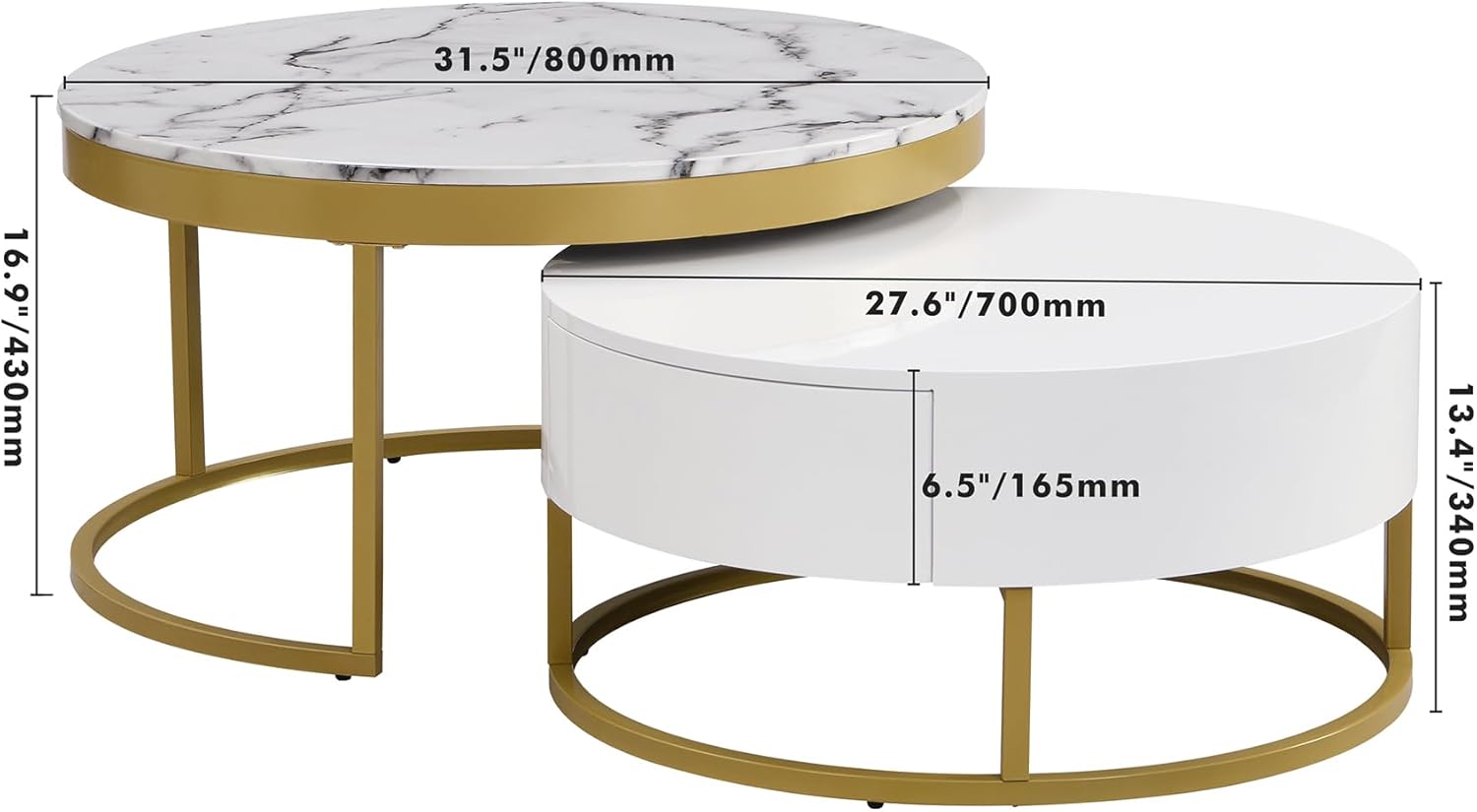 Modern Round Nesting Coffee Table with Drawers for Living Room for Living Room in White