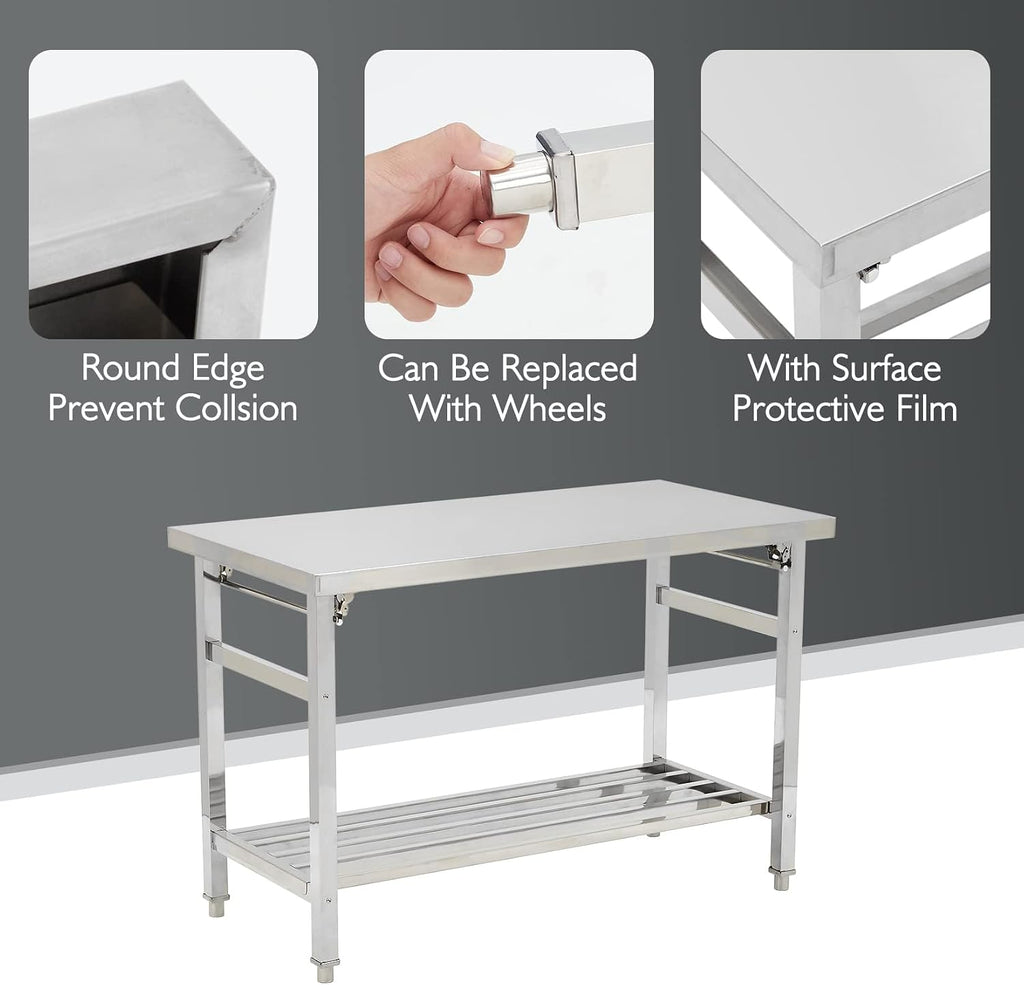 Garvee 48x24 Inch NSF Stainless Steel Folding Table – Heavy-Duty Commercial Prep Table for Kitchen, Restaurant & Home, 500 lbs Capacity with Adjustable Undershelf, Easy to Assemble