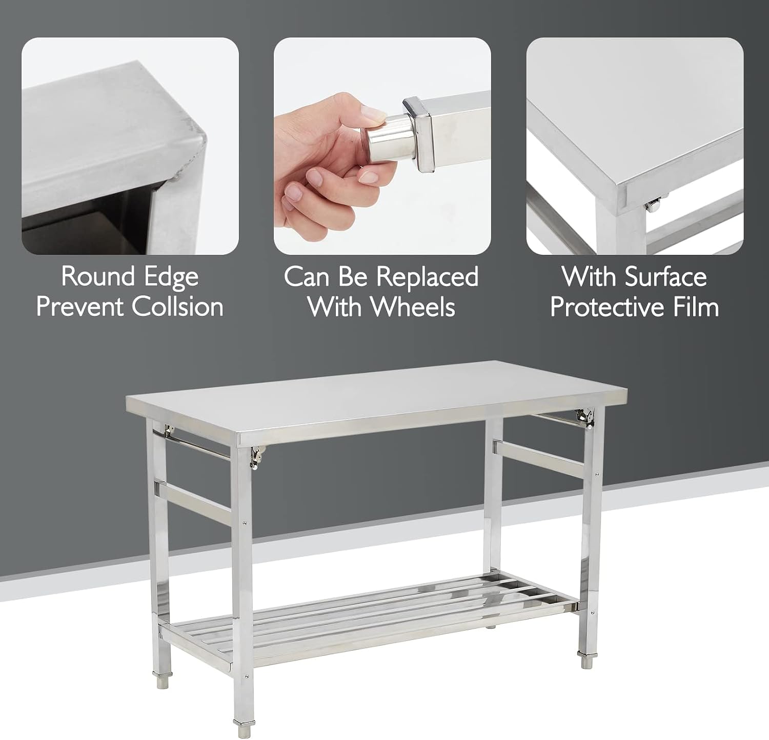 Garvee 48x24 Inch NSF Stainless Steel Folding Table – Heavy-Duty Commercial Prep Table for Kitchen, Restaurant & Home, 500 lbs Capacity with Adjustable Undershelf, Easy to Assemble