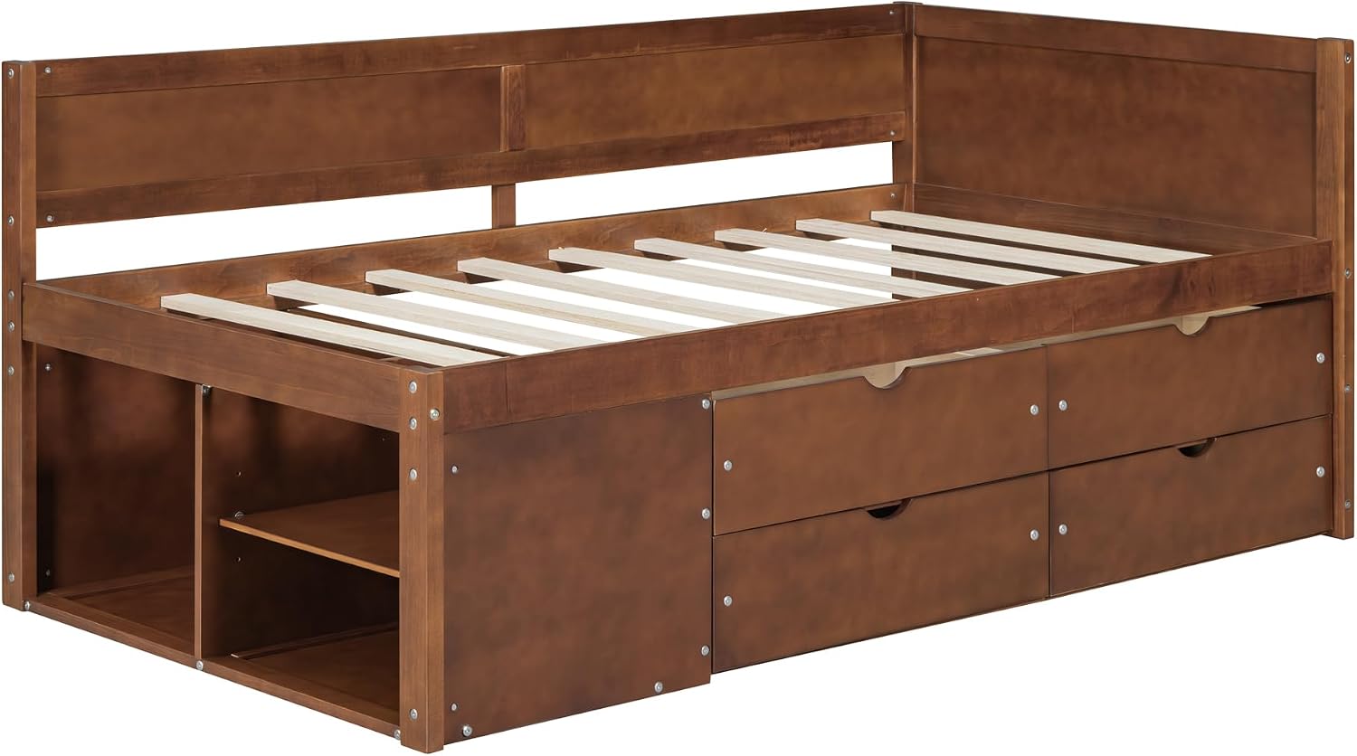 Twin Size Daybed with Storage Drawers and Shelves,Wooden L-Shaped Corner Day Bed with Headboard & Bookcase for Boys,Girls,Small Room, Guest Room, kids'Room,Walnut
