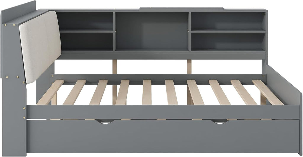 Full Size Bed with Storage Headboard, Full Daybed with Trundle and L-Shaped Shelves, Solid Wood Corner Platform Bed Frame with Storage for Apartment Bedroom, Grey