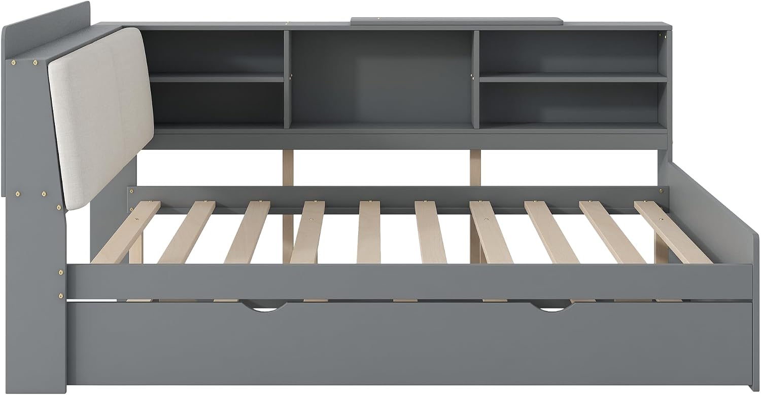 Full Size Bed with Storage Headboard, Full Daybed with Trundle and L-Shaped Shelves, Solid Wood Corner Platform Bed Frame with Storage for Apartment Bedroom, Grey