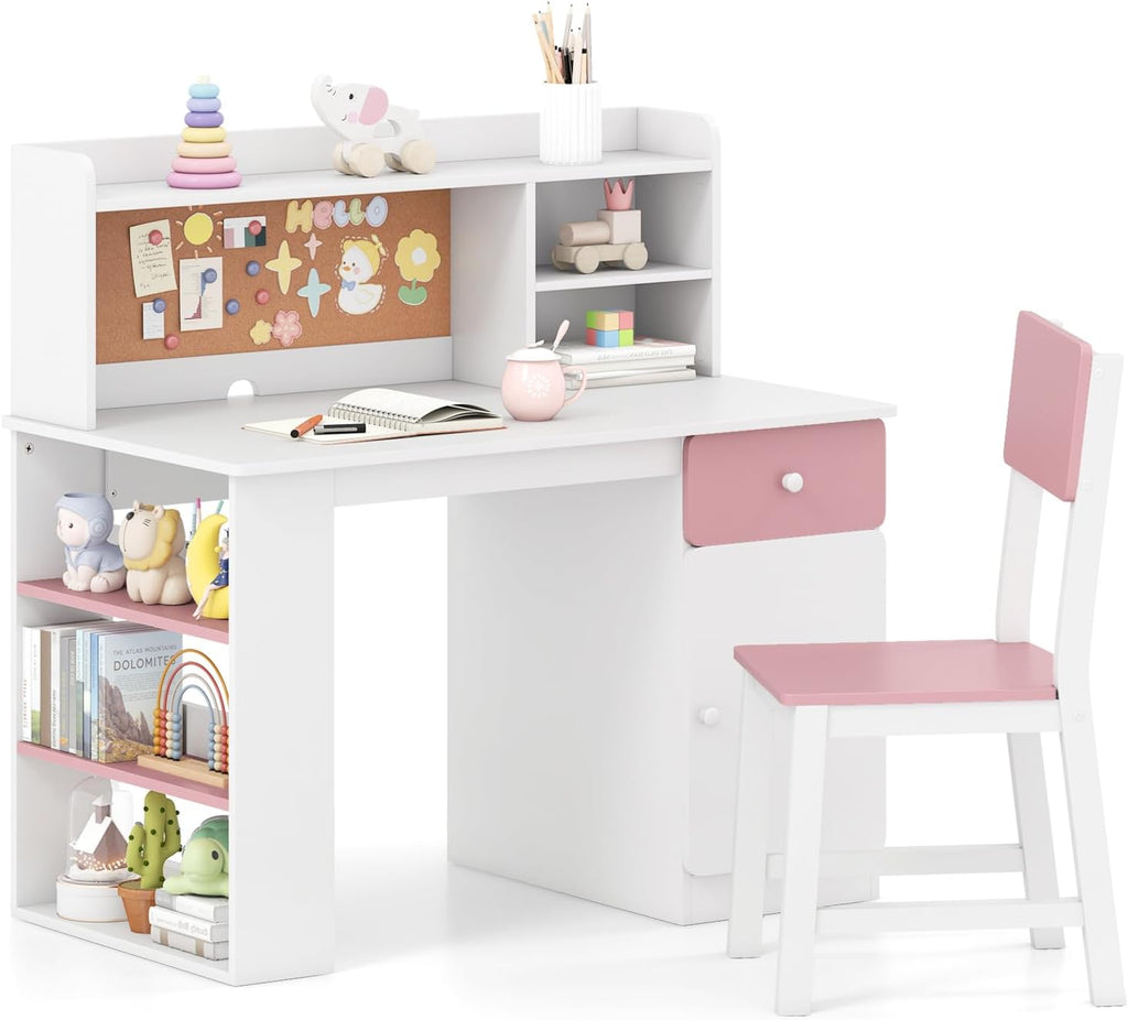 HONEY JOY Kids Desk and Chair Set, Large Wooden Children School Study Table and Chair w/Drawer, Hutch, Storage Shelves, Student Writing Desk Computer Workstation for Bedroom, 7+ Years Old (Pink)
