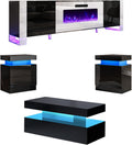AMERLIFE 4-Piece Living Room Table Set, Includes 80 inch Fireplce TV Stand, 2-Tier Center Table with 2 End Side Tables, High Gloss Coffee Table Set, Black and White