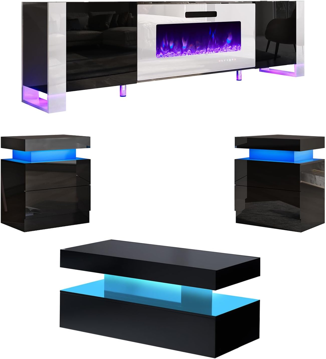 AMERLIFE 4-Piece Living Room Table Set, Includes 80 inch Fireplce TV Stand, 2-Tier Center Table with 2 End Side Tables, High Gloss Coffee Table Set, Black and White