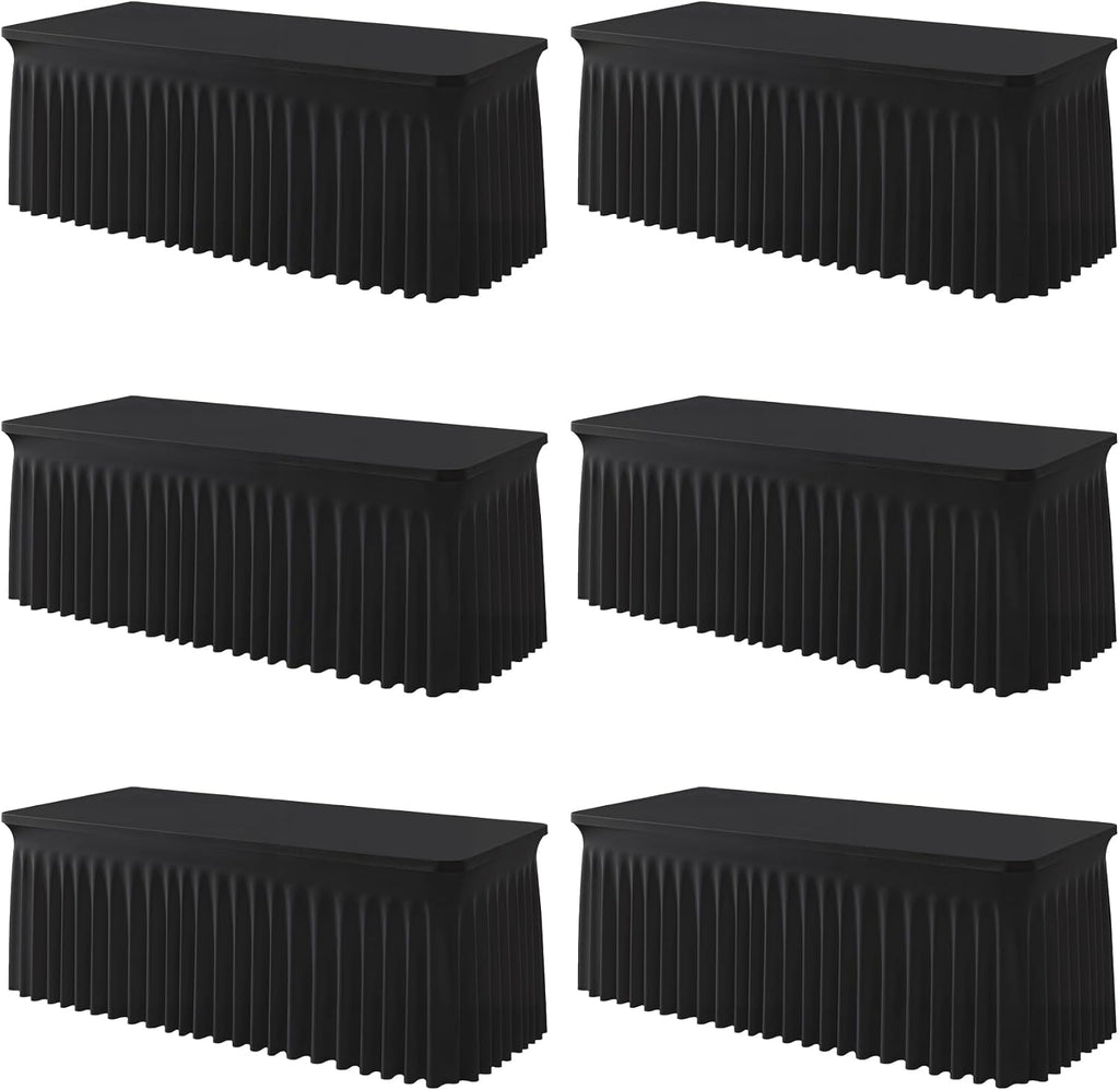 6 Pack Black Spandex Fitted Tablecloth 8 Foot - Stretch Table Clothes for 8 FT Rectangle Table, Washable Ruffles Elastic for Weddings, Buffet, Banquet, Trade Craft Show, Party Celebration