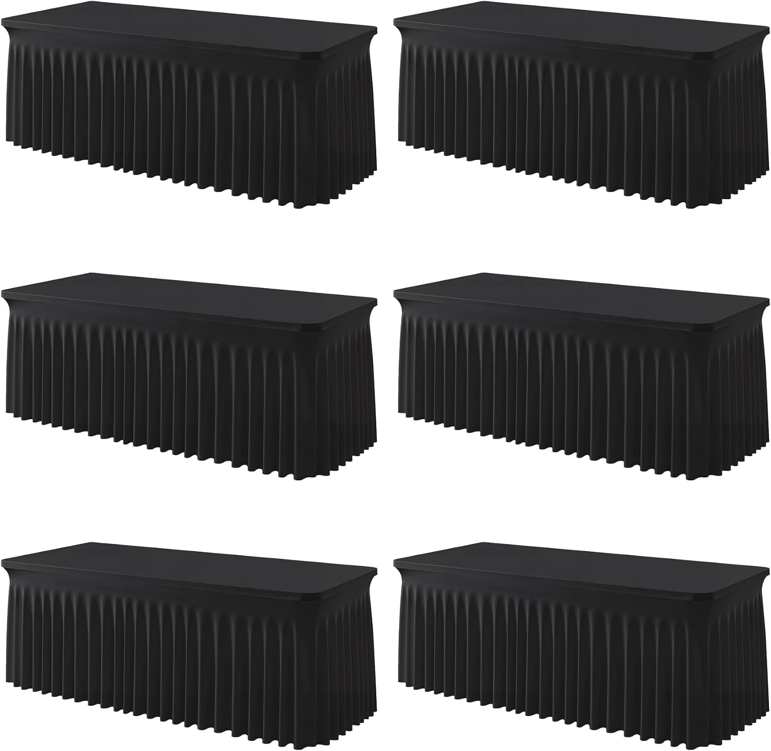 6 Pack Black Spandex Fitted Tablecloth 8 Foot - Stretch Table Clothes for 8 FT Rectangle Table, Washable Ruffles Elastic for Weddings, Buffet, Banquet, Trade Craft Show, Party Celebration
