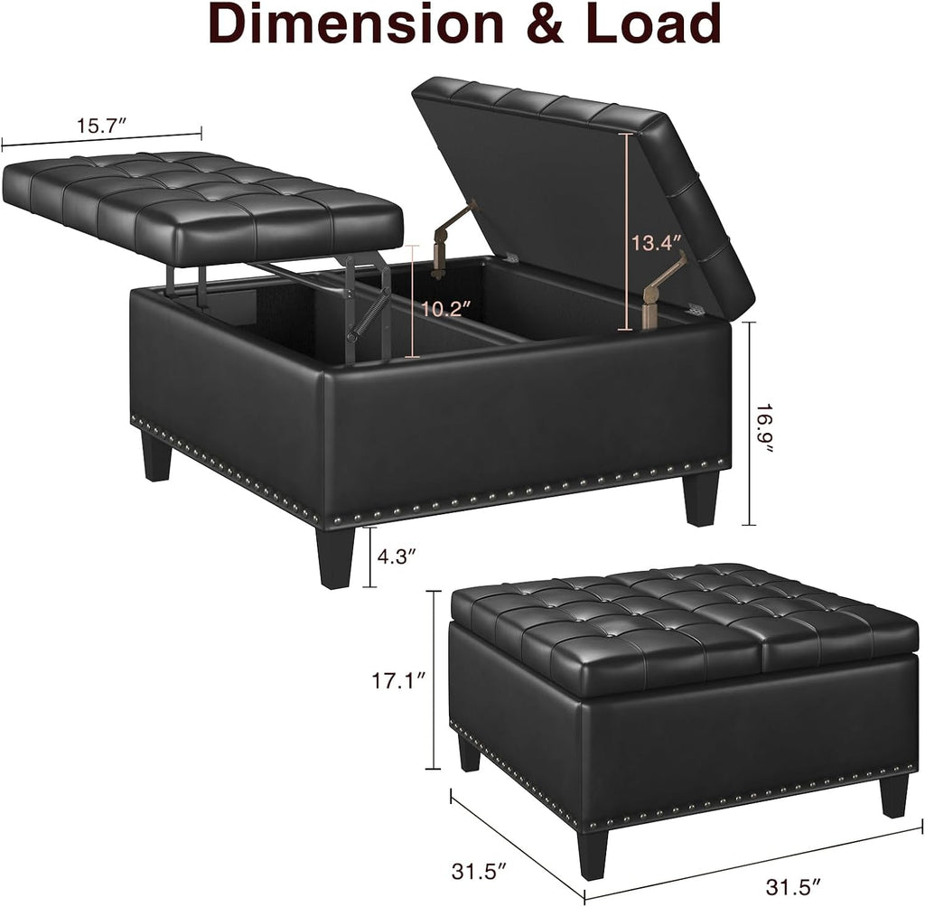 FiveWillowise Square Leather Ottoman with Storage, Faux Leather Coffee Table with Lift Top,Large Upholstered Footrest Stool Toy Box Storage Bench for Bedroom Living Room, Black