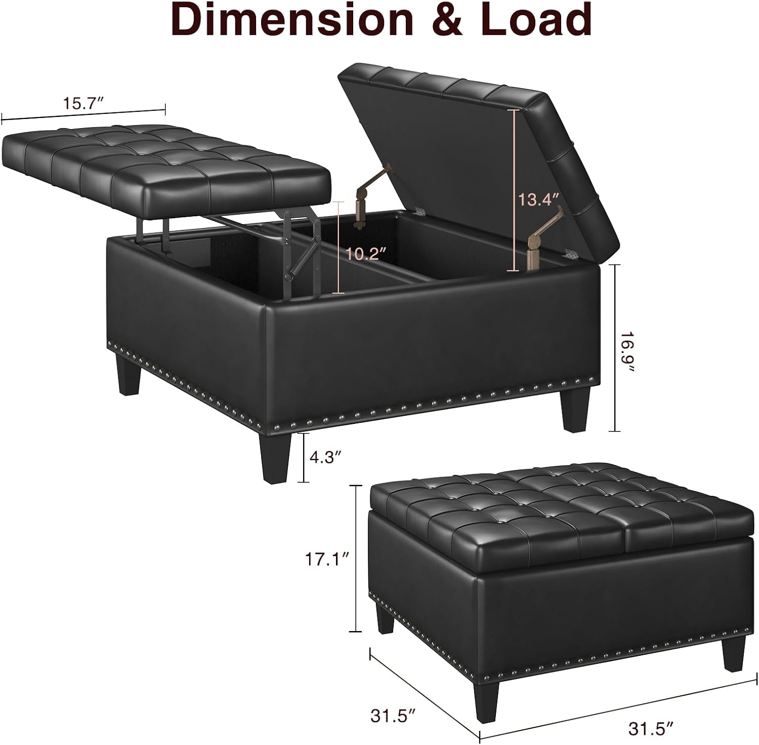 FiveWillowise Square Leather Ottoman with Storage, Faux Leather Coffee Table with Lift Top,Large Upholstered Footrest Stool Toy Box Storage Bench for Bedroom Living Room, Black