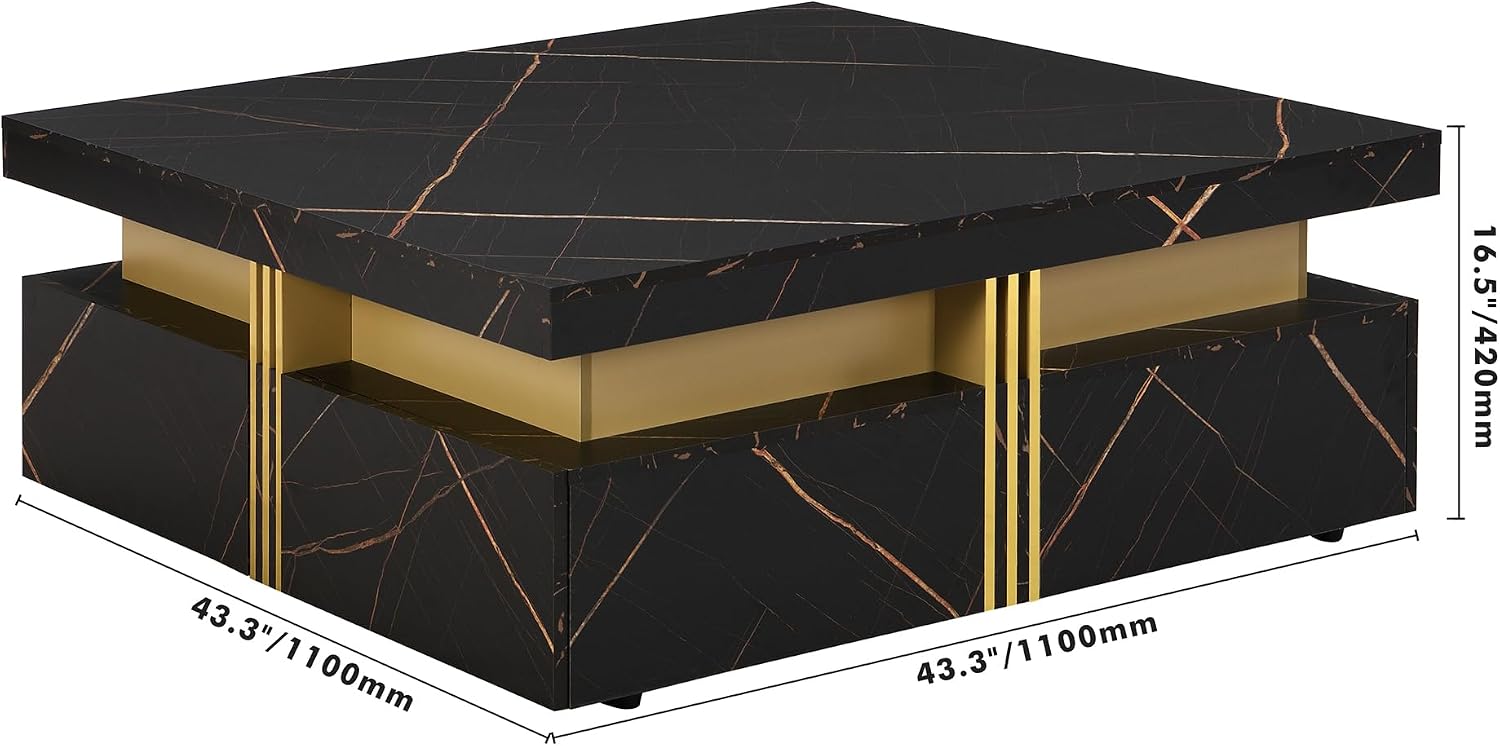 Modern Black Square Storage Coffee Table with 4 Drawers for Living Room