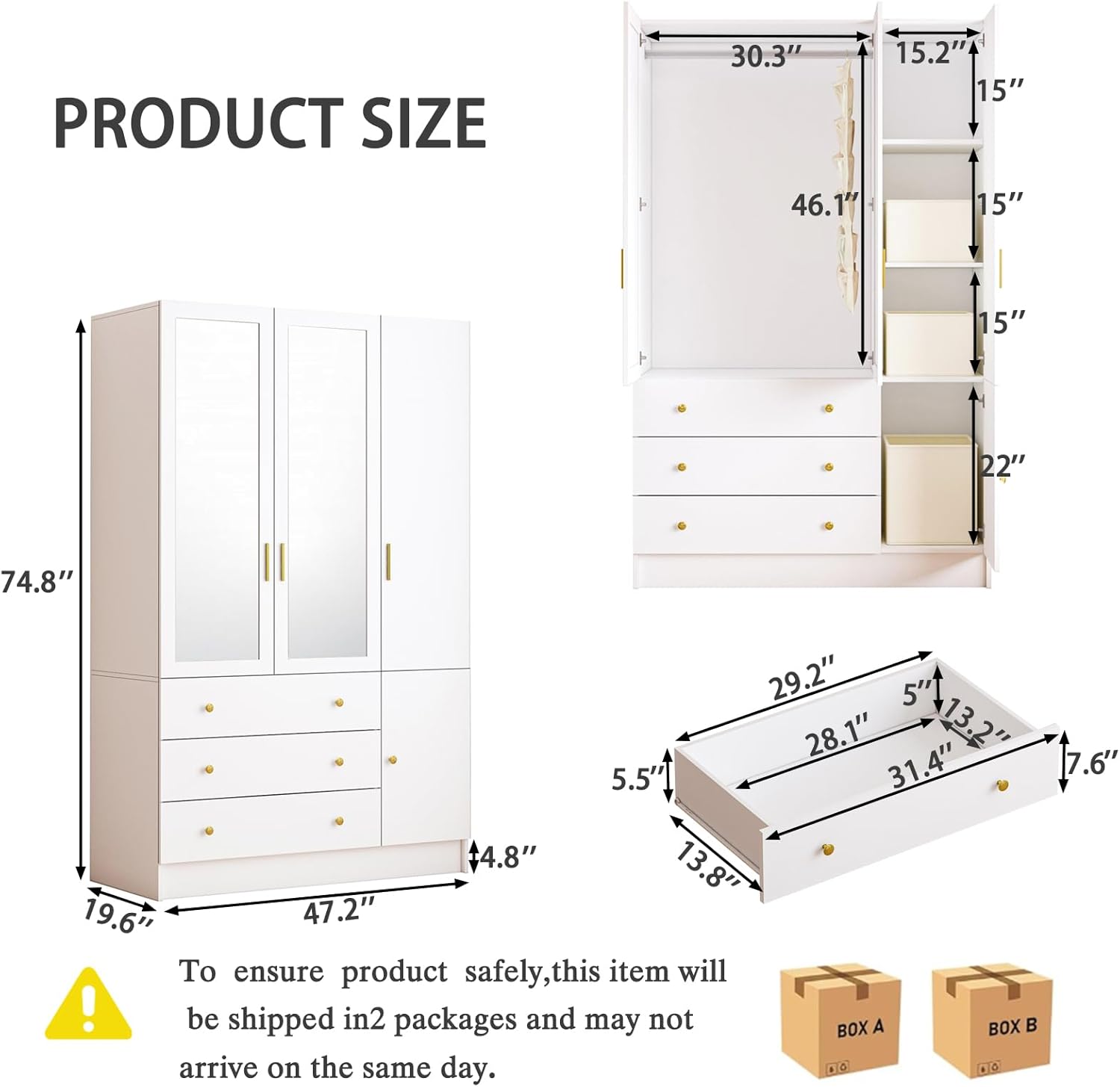 3 Doors LED Wardrobe Closet, 75' Tall Modern Armoire with Mirror & 3 Drawers, Wooden Armoire Wardrobe Closet for Bedroom, Hanging Rod, Freestanding Clothing Storage Cabinet, White