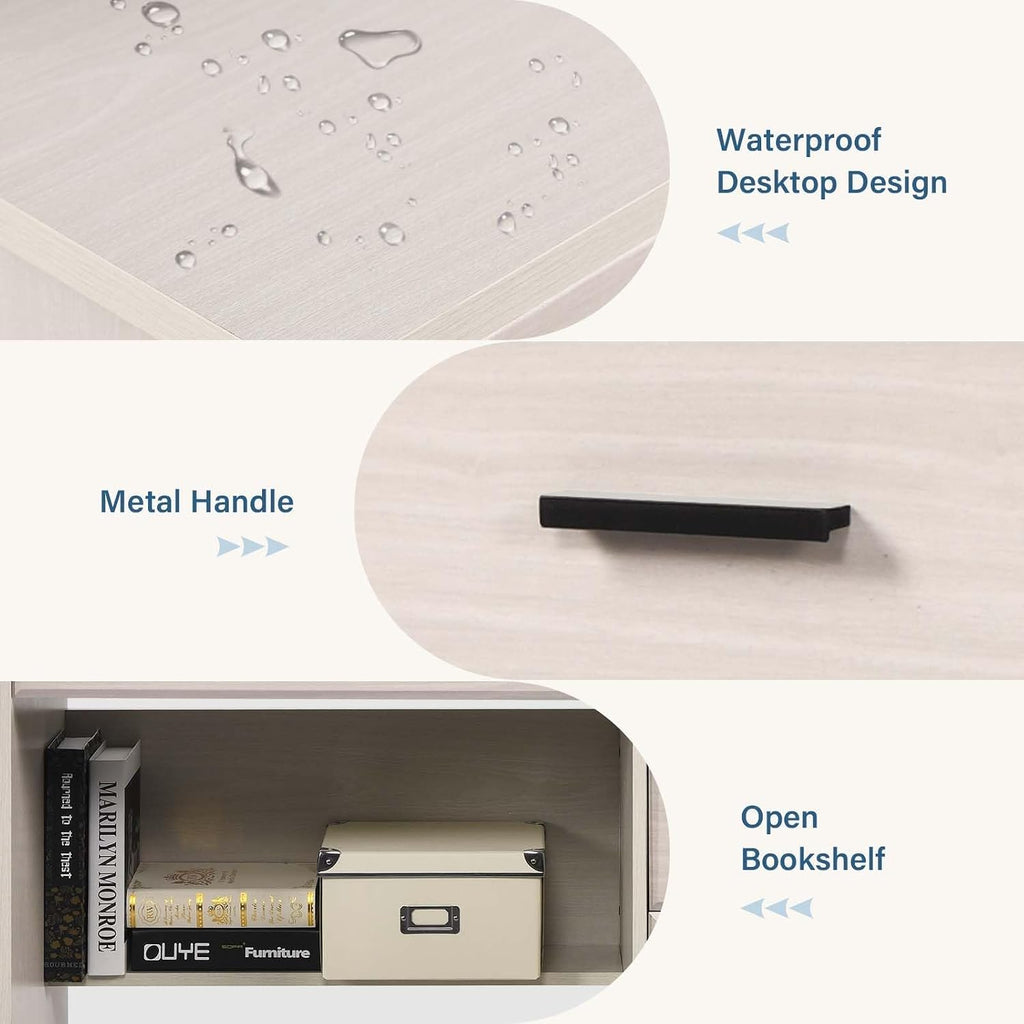 Small Desk with 4 Drawers, Computer Desk with Storage & Monitor Stand for Small Spaces, Office Desk with File Drawer & Shelves for Bedroom, Wood Writing Desk for Home Office, Milky White