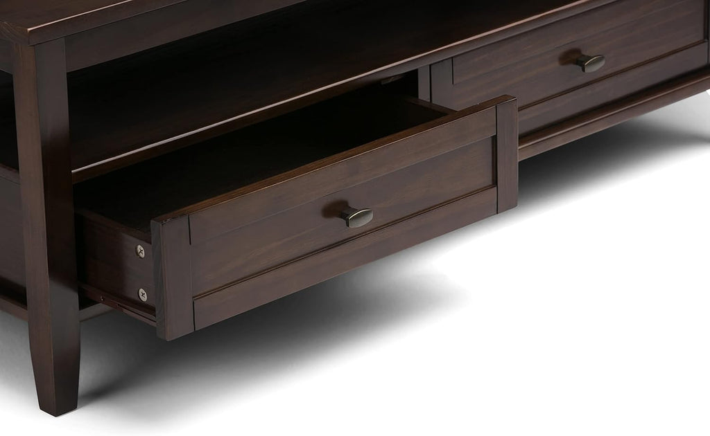 SIMPLIHOME Warm Shaker Coffee Table - 48 inch Wide Solid Wood Coffee Table in Tobacco Brown, Transitional Living Room Table with 2 Drawers, Open Shelf, Shaker Fronts and Tapered Legs
