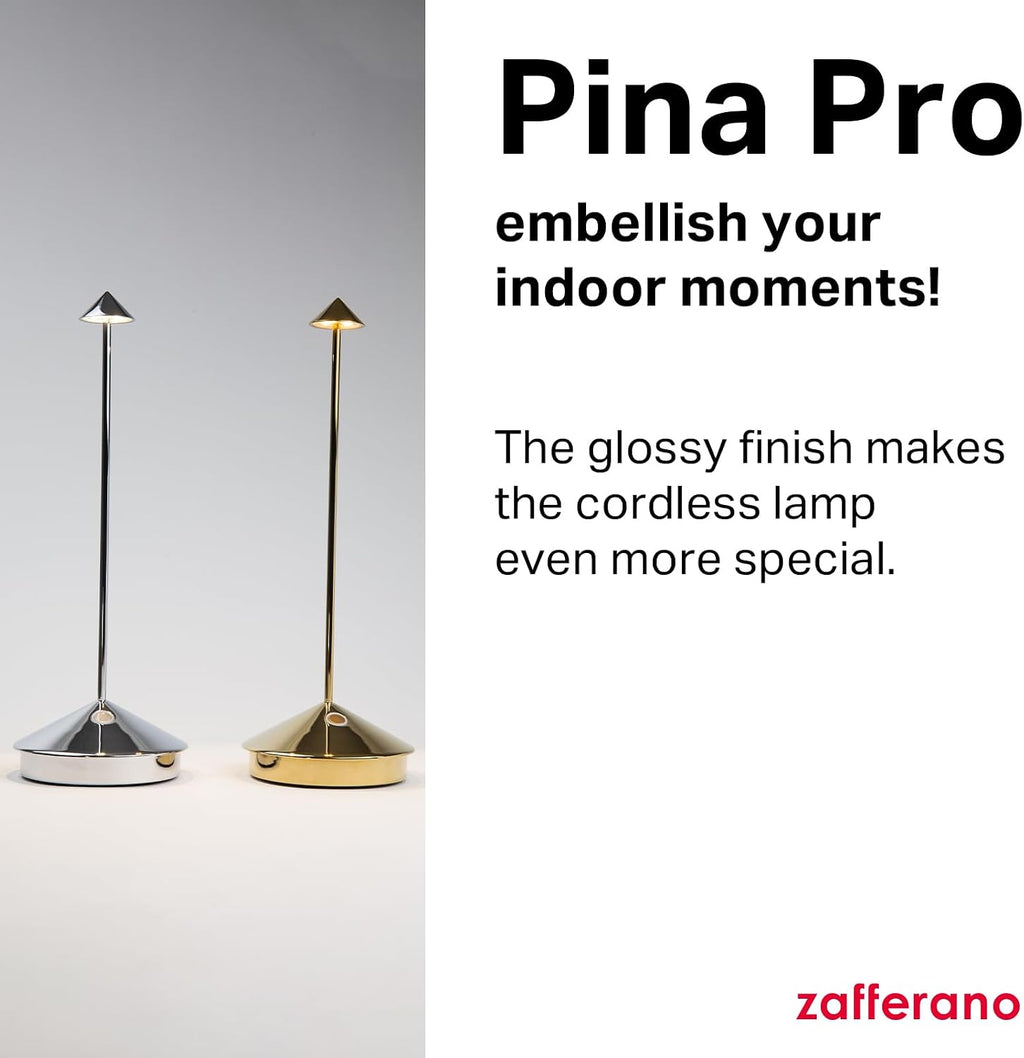 Zafferano, Pina Pro Lamp with Glossy Gold Finish, Rechargeable Cordless Table Lamp with Touch Controls, Usable as an Indoor Lamp, Dimmer, 2200-3000 K, Height 11.4 Inches