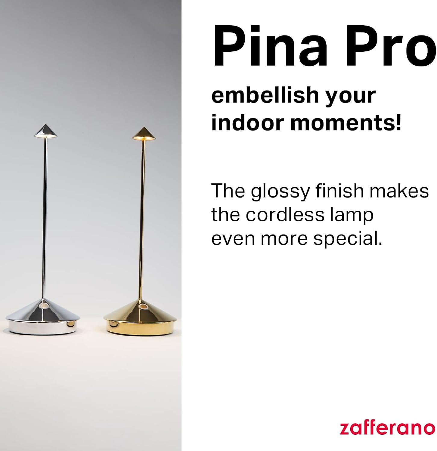 Zafferano, Pina Pro Lamp with Glossy Gold Finish, Rechargeable Cordless Table Lamp with Touch Controls, Usable as an Indoor Lamp, Dimmer, 2200-3000 K, Height 11.4 Inches