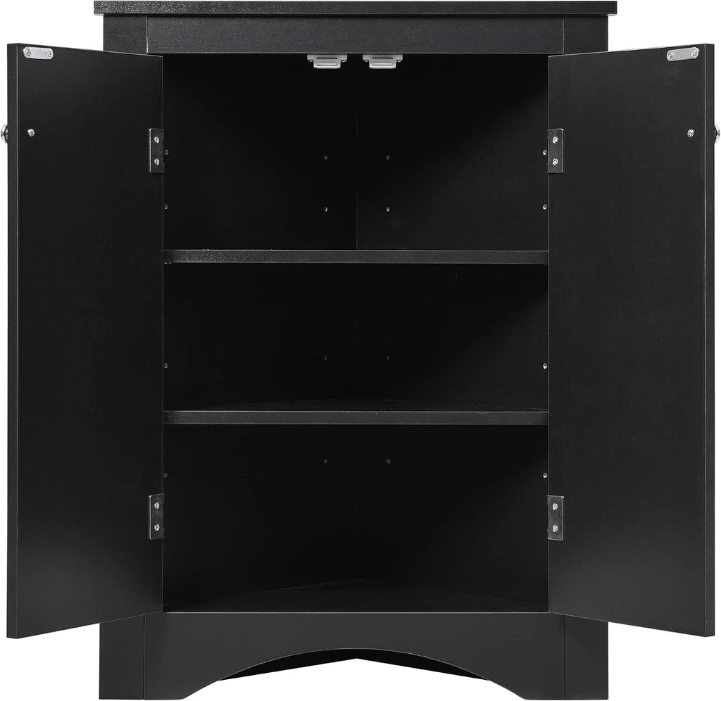 Knocbel 31.5' Height Corner Floor Storage Cabinet with Brushed Nickel Knobs, 2 Doors and Adjustable Shelves, Bathroom Pantry Corridor Free Standing Triangle Organizer Unit (Black)