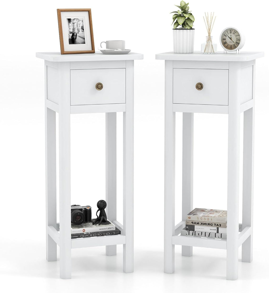 BECOMFORT Wooden End Table, Acacia Wood Bedside Table w/Shelf & Handy Drawer, Narrow Nightstand for Small Spaces in Living Room & Bedroom, No Assembly Required, 13.5' x 11.5' x 31.5' (2, White)