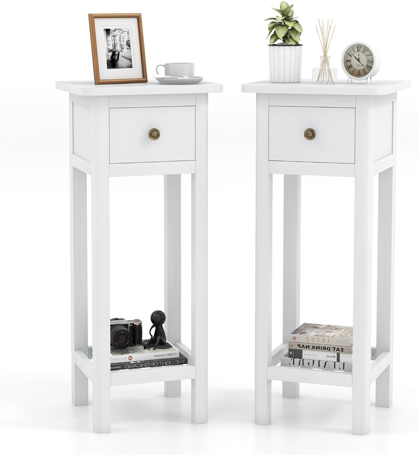 BECOMFORT Wooden End Table, Acacia Wood Bedside Table w/Shelf & Handy Drawer, Narrow Nightstand for Small Spaces in Living Room & Bedroom, No Assembly Required, 13.5' x 11.5' x 31.5' (2, White)