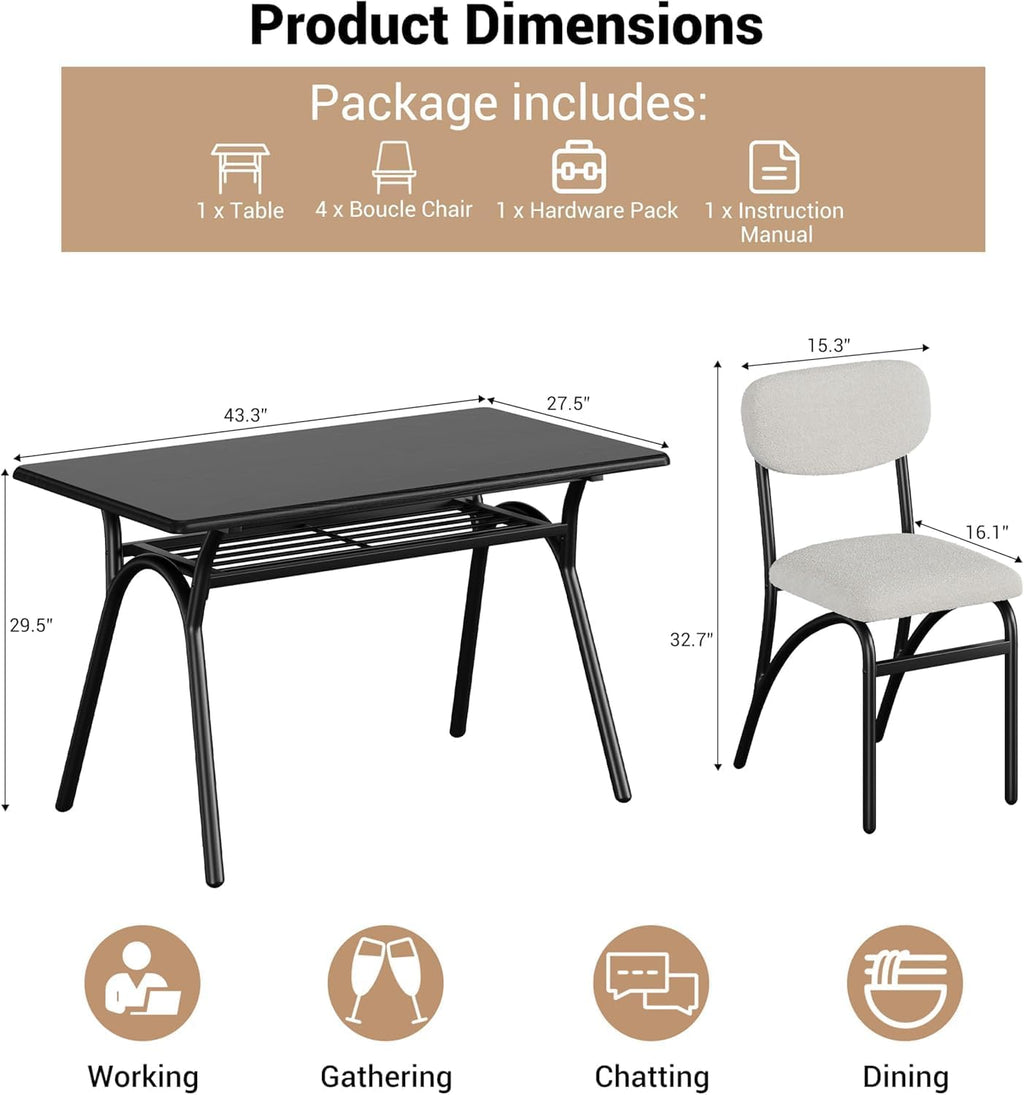 5-Piece Dining Table Set for 4, Modern Kitchen Table with 4 Boucle Chairs, Rectangular Dining Table with Storage Shelf & Marble Tabletop, Beige Home Dining Furniture for Small Space, Black+Black