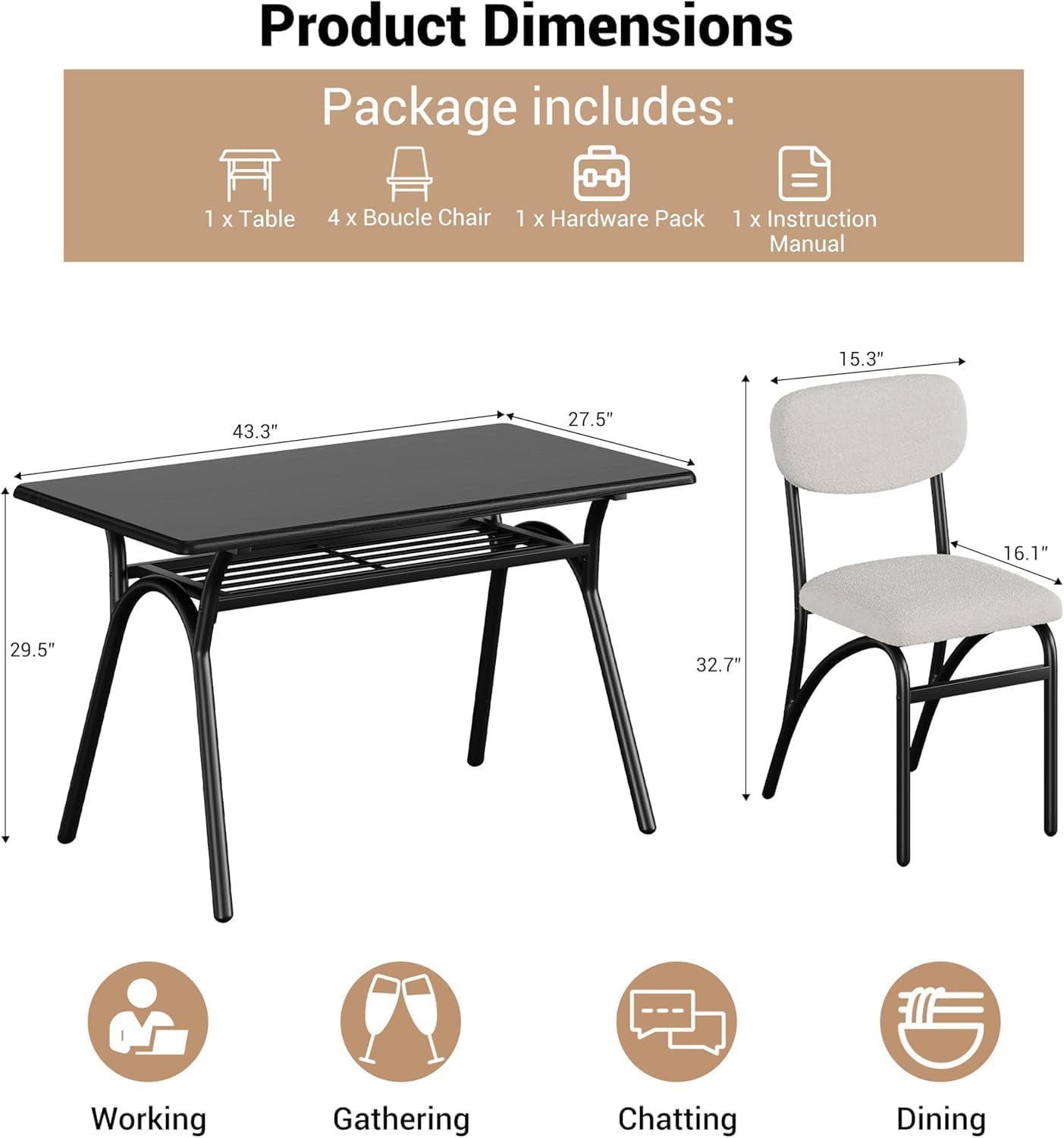 5-Piece Dining Table Set for 4, Modern Kitchen Table with 4 Boucle Chairs, Rectangular Dining Table with Storage Shelf & Marble Tabletop, Beige Home Dining Furniture for Small Space, Black+Black