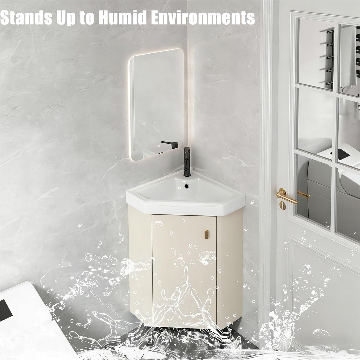 Corner Bathroom Vanity Sink for Small Space, Freestanding Compact Space Bathroom Storage Cabinet,Space-Saving, with White Ceramic Sink & Adjustable Shelf(48x48cm(18.9x18.9 in))