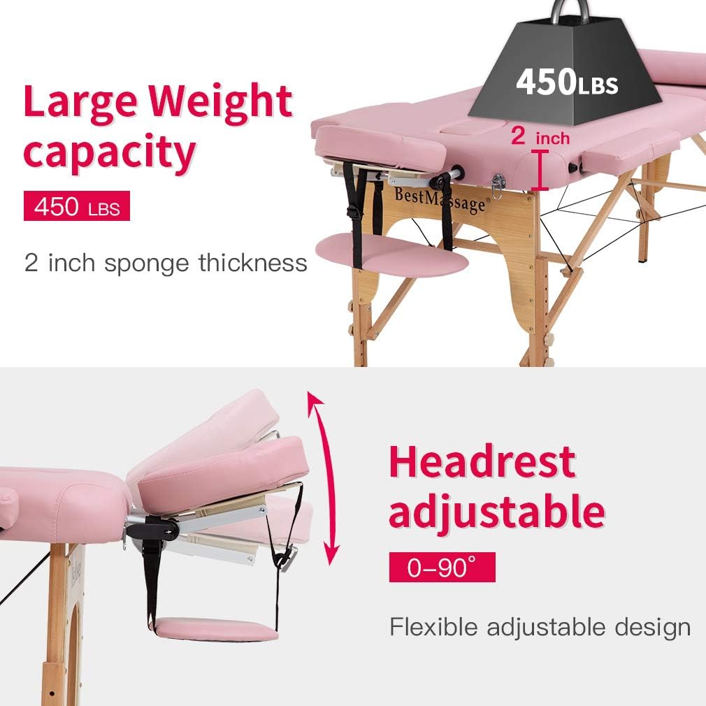 BestMassage Massage Bed Portable Massage Table 28 inch Wide Lash Bed Height Adjustable 2 Folding PU Leather with Towel Hanger Oil Pouch Half Bolster Round Bolster Non-Woven Bag