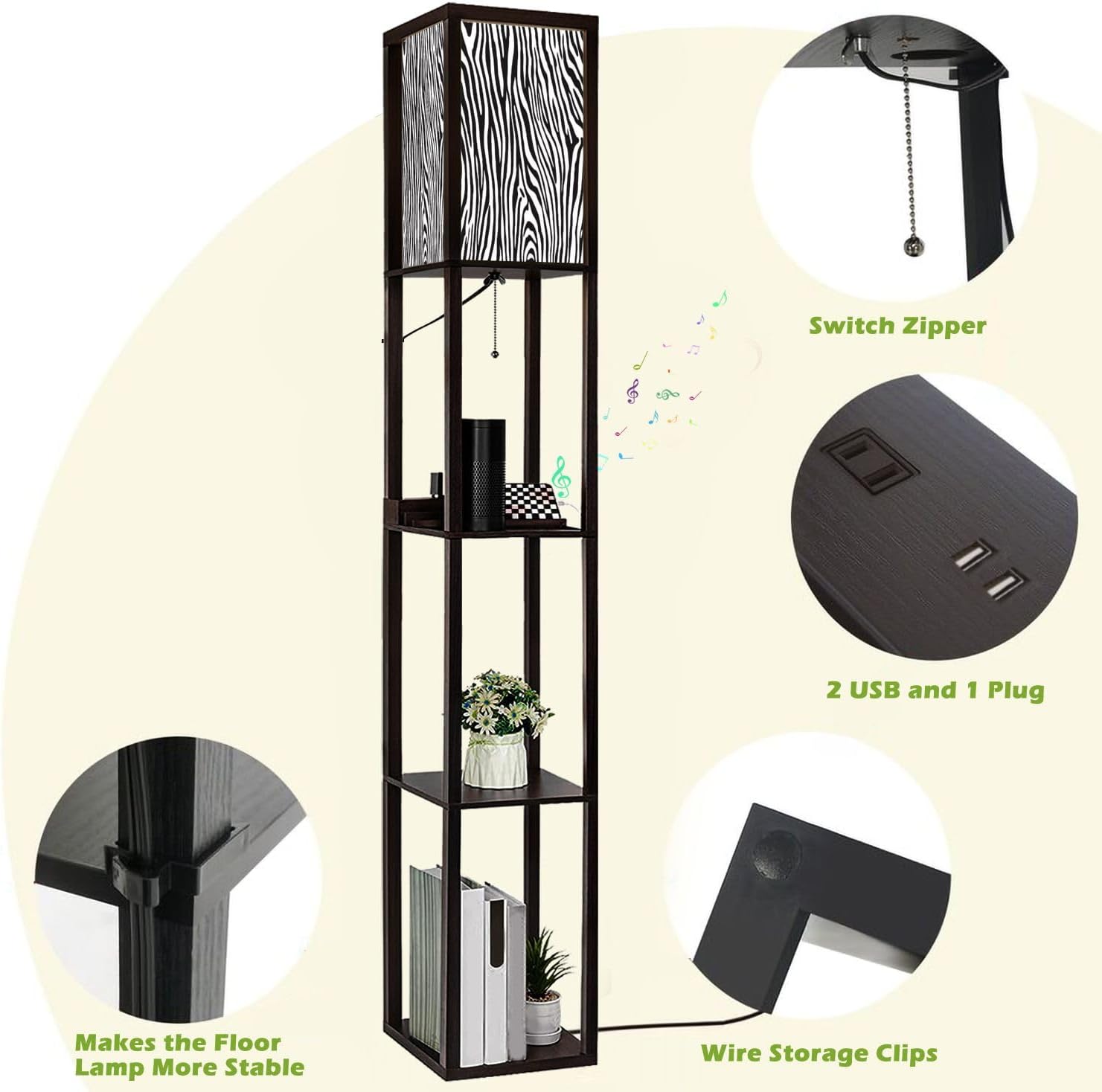 Floor Lamp with Shelves Zebra Print Pattern Standing Tall Lamp USB Ports & Power Outlet Modern Corner Lamp Nightstand Light for Living Room Bedroom