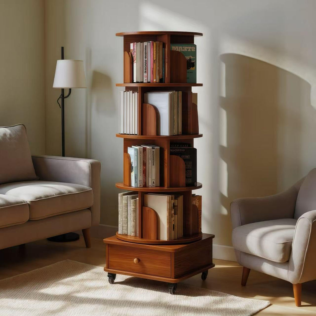 KEIKI 5 Tie Rotating Bookshelf with Drawers On Wheel, Corner Bookcase Display Shelf for Small Space, 360 Display Corner Bookshelf for Bedroom, Living Room, Study Room, Walnut Brown