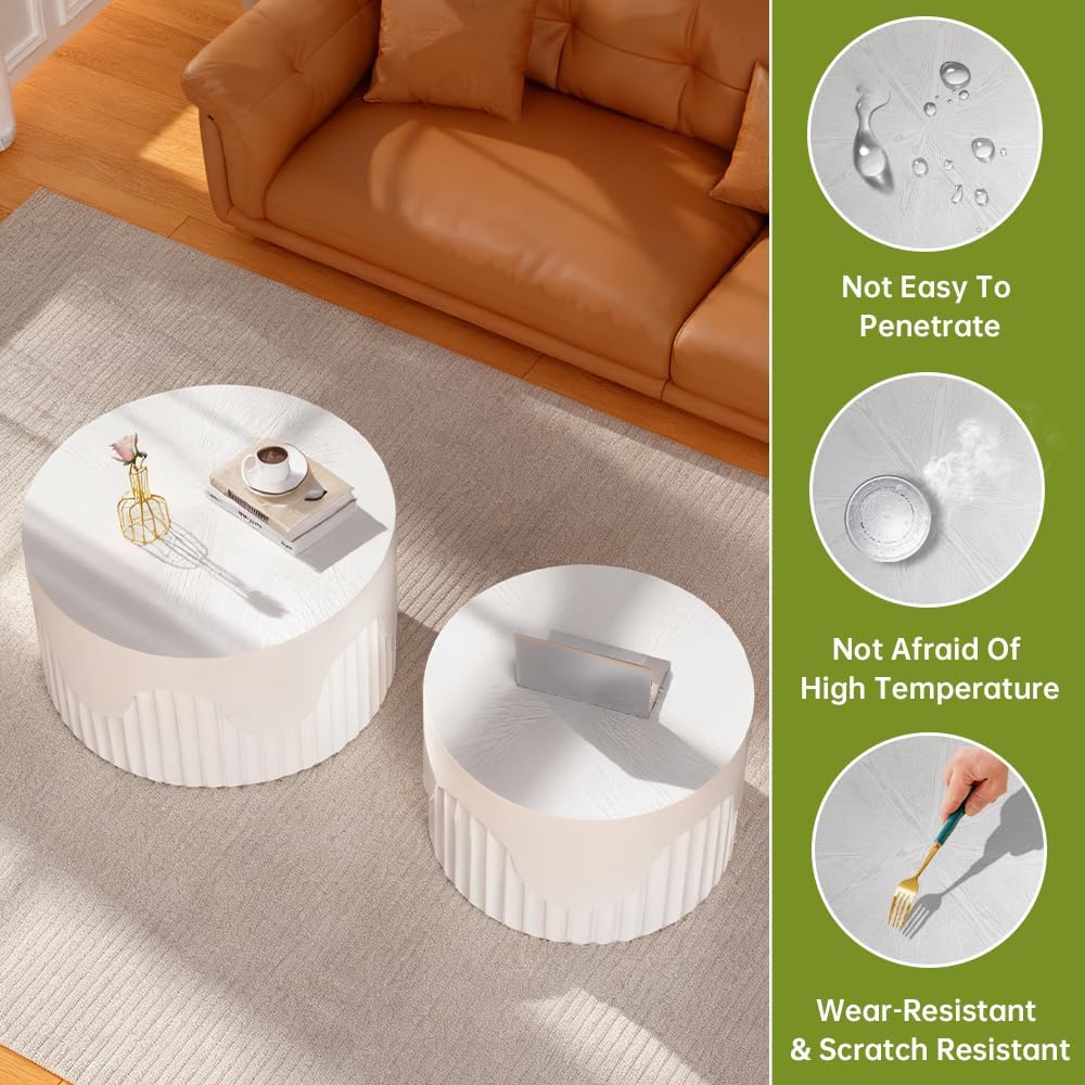 Round Nesting Coffee Table Modern White Fluted Coffee Table Set of 2 Stripe Round Coffee Tables Drum Crescent Side Table Accent End Table for Living Room (White C Large)