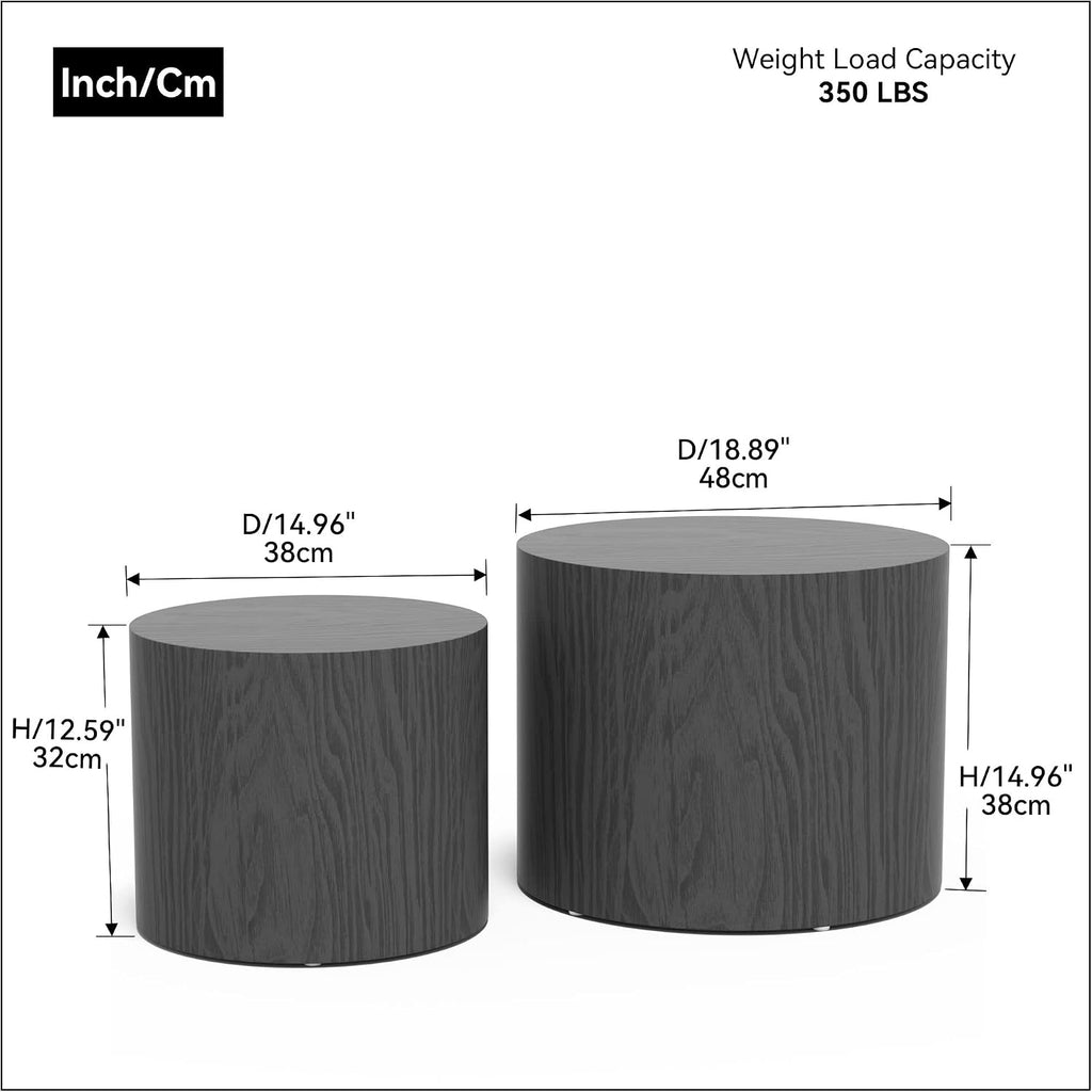 Round Coffee Table Set of 2, Nesting Coffee Table and End Table Set Wood Small Circle Drum Side Table for Living Room Office, No Assembly
