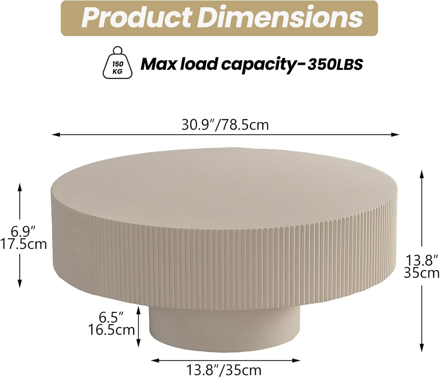 Round Drum Coffee Table with Sturdy Pedestal, Modern Wooden Fluted Coffee Table, Circle Center Table Accent Tea Table for Living Room Apartment Office Reception Room (Beige D30.9)