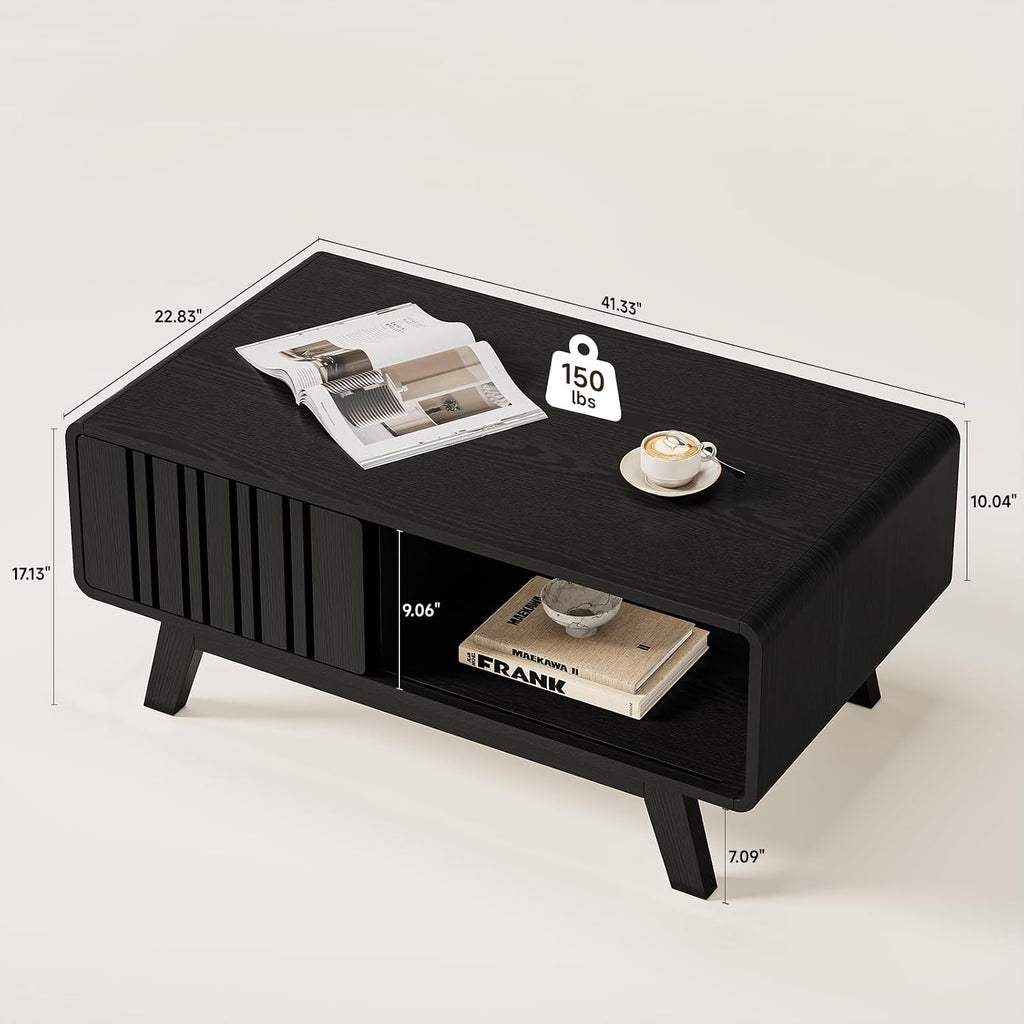ONBRILL Coffee Table, Mid Century Modern Table with Storage Compartment, Fluted Table with Sliding Cabinet Door, Farmhouse Wood Coffee Table for Living Room (Black)