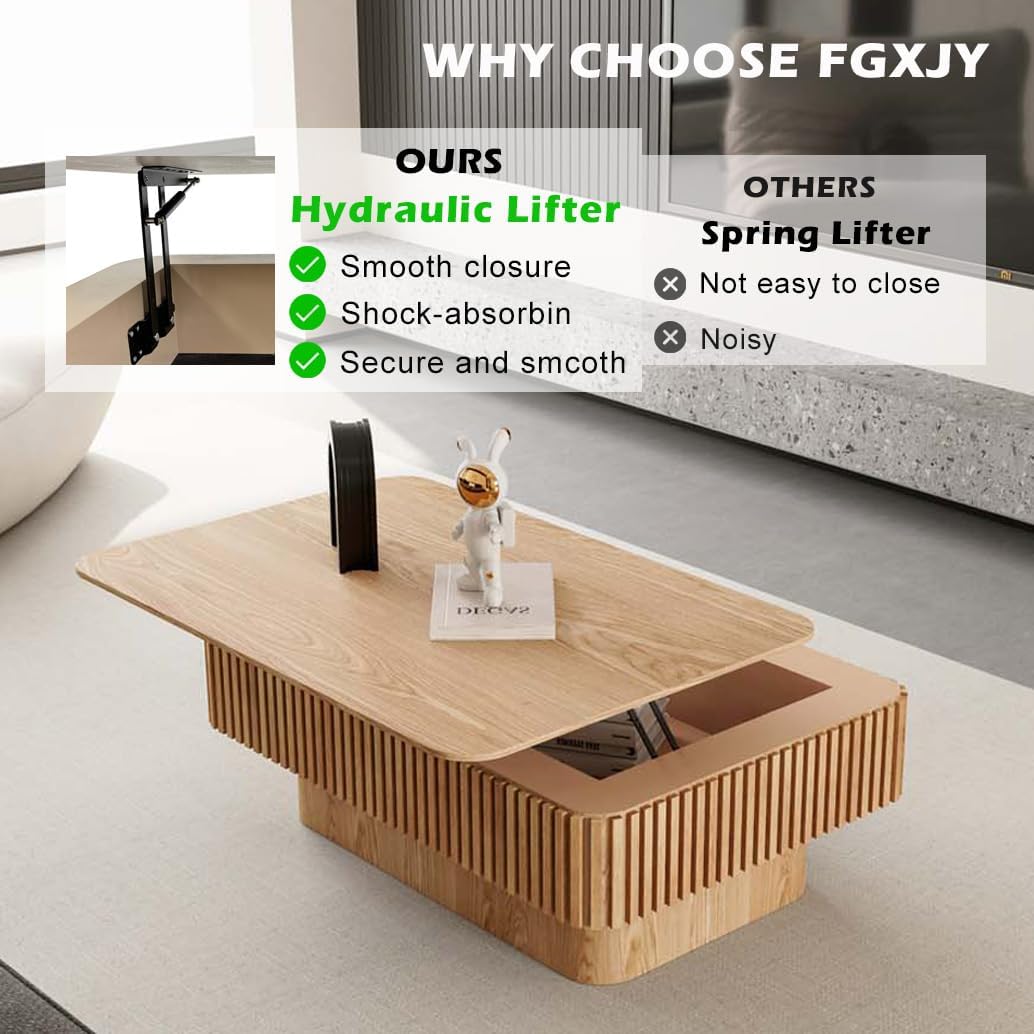 Lift Coffee Table with Storage & Adjustable Height, Solid Wood Coffee Table Fluted Center Table Accent Tea Table or Living Room, Apartment, Office (38.6' Natural)