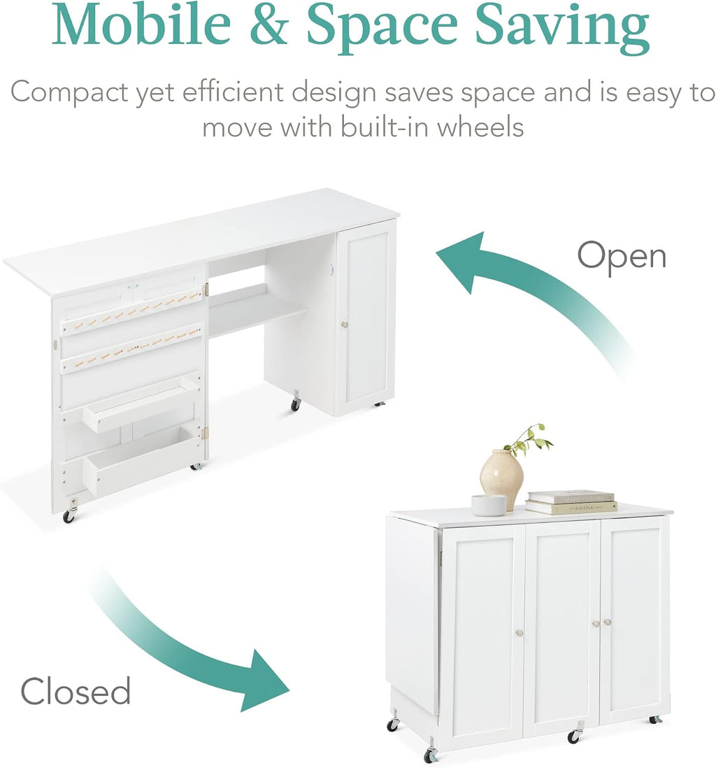 Best Choice Products Large Folding Sewing Table, Multipurpose Portable Craft Station & Side Desk w/Compact Design, Caster Wheels, Storage Shelves, 2 Storage Trays, Magnetic Doors - White