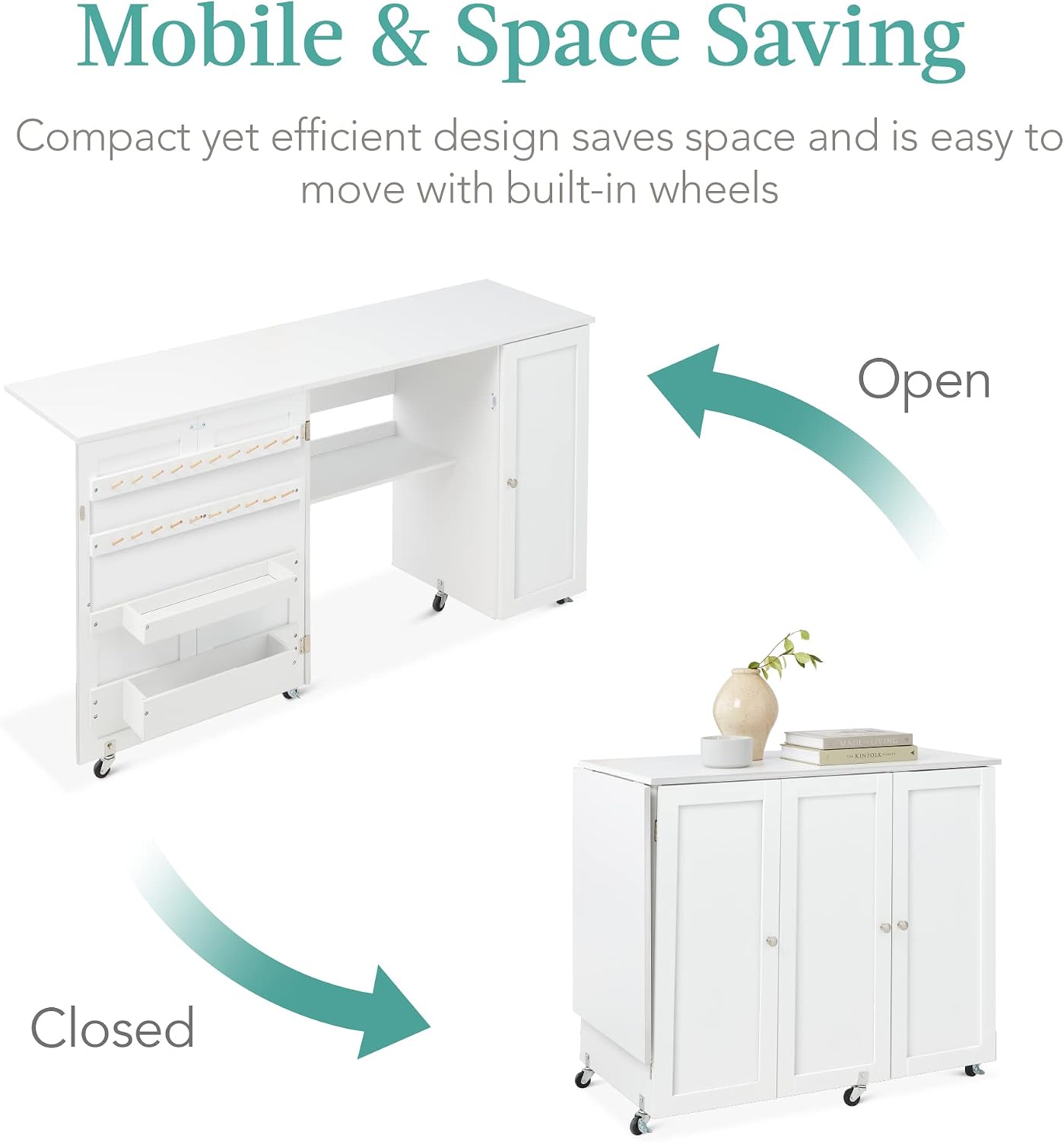 Best Choice Products Large Folding Sewing Table, Multipurpose Portable Craft Station & Side Desk w/Compact Design, Caster Wheels, Storage Shelves, 2 Storage Trays, Magnetic Doors - White