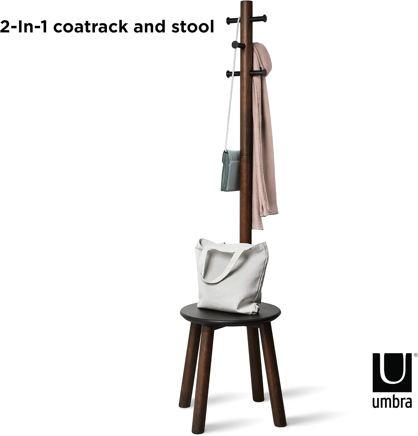Umbra Pillar Coat Rack, Stool, Clothing Organizer, Umbrella Holder and Hat Organizer, Great for Entryway, Black/Walnut