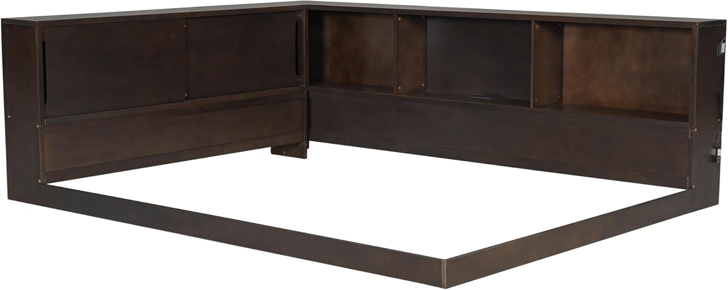 MERITLINE Queen Size Corner Bed Frame with Storage Bookcase & Shelves, Wood L-Shaped Daybed with LED Lights, USB Ports and Headboard, No Slats, Brown