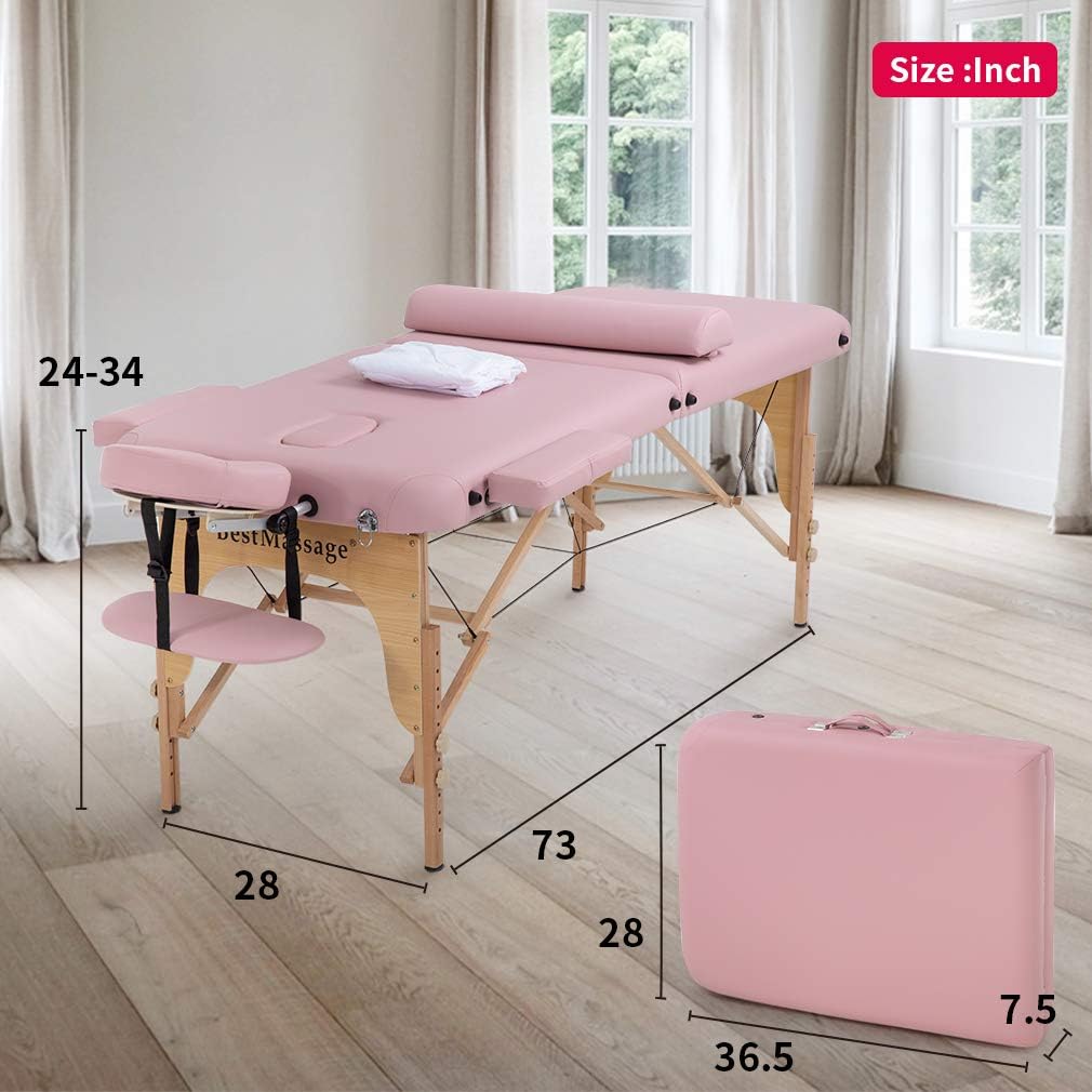 BestMassage Massage Bed Portable Massage Table 28 inch Wide Lash Bed Height Adjustable 2 Folding PU Leather with Towel Hanger Oil Pouch Half Bolster Round Bolster Non-Woven Bag