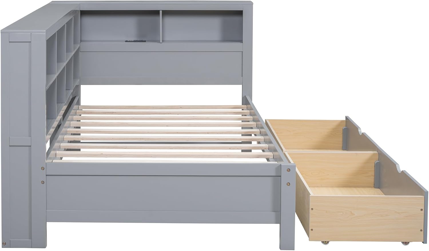 Twin Size Daybed with Storage Drawers and L-Shaped Bookcase Headboard, Wood Corner Bed Frame with Charging Station and Shelves for Kids Boys Girls, Grey